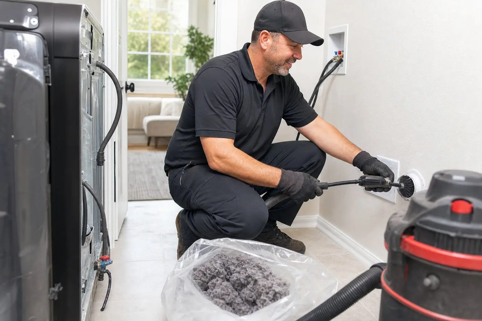 Dryer vent cleaning with a rotary brush in an Arlington, TX laundry room