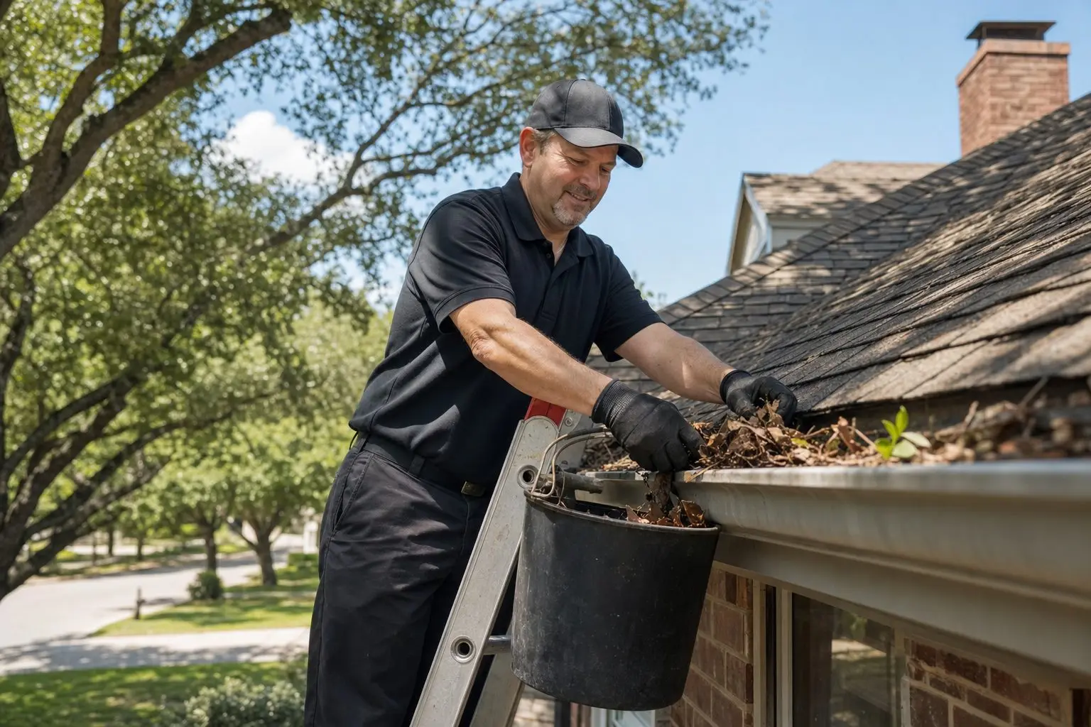 Technician cleaning leaves out of a rain gutter on an Arlington home