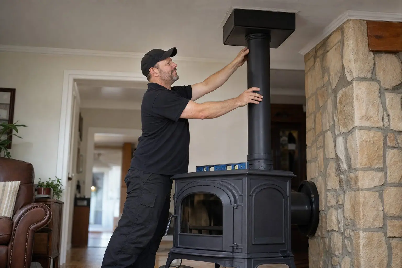 Wood stove installation on a hearth pad with new stovepipe